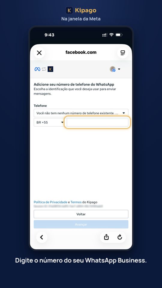 Digite o número do seu WhatsApp Business.