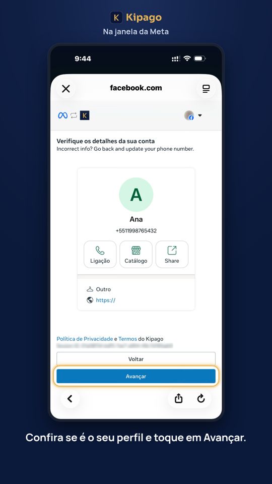 Confira se é o seu perfil e toque em Avançar.