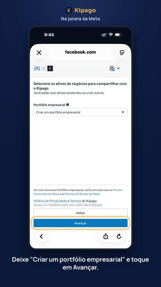 Deixe "Criar um portfólio empresarial" e toque em Avançar.