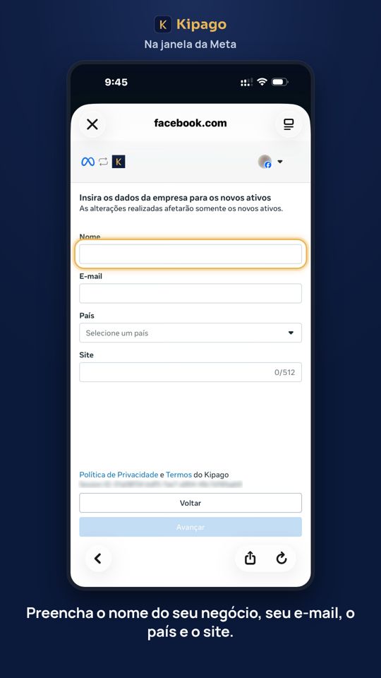 Preencha o nome do seu negócio, seu e-mail, o país e o site.