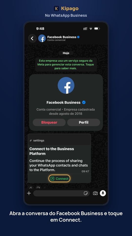 Abra a conversa do Facebook Business e toque em Connect.