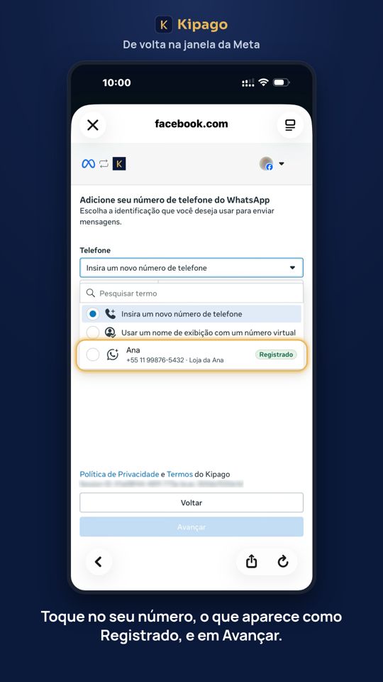 Toque no seu número, o que aparece como Registrado, e em Avançar.